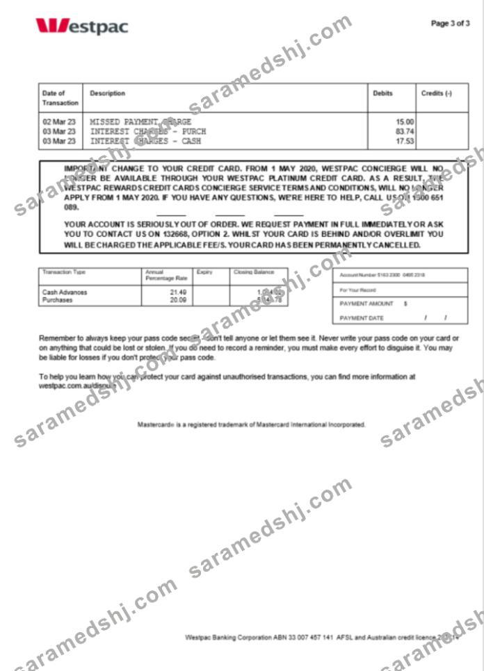 Australia Westpac bank statement Word and PDF template, 3 pages 3